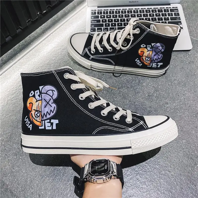 Real Pictures photos 2024 New Spring Boys plus size High-top Canvas Shoes Port Trend Youth Leisure Board Shoes Women Men Shoes