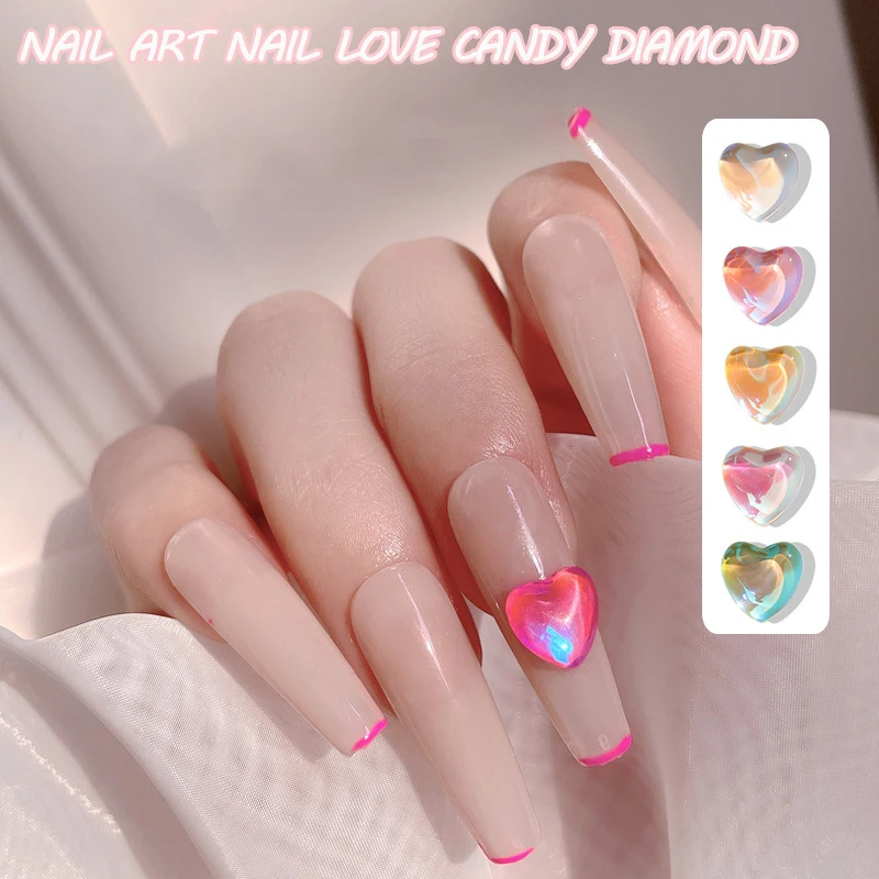 10Pcs Heart Shaped Nail Charms 3D Nail Art Accessories Aurora Gems Jewelry Multi-Color Rhinestone Nail Supplies Parts