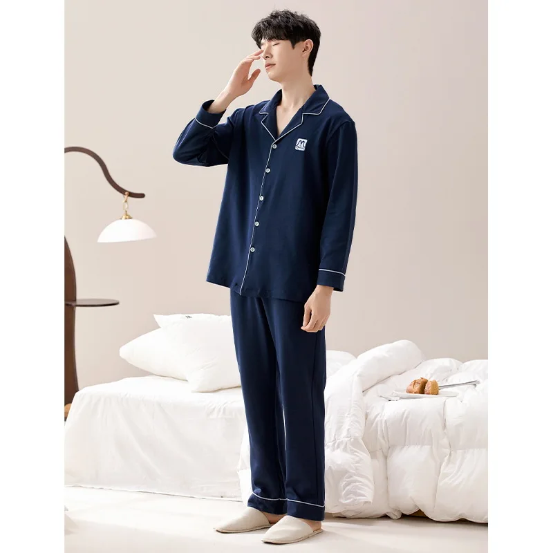 Baju tidur katun Korea 2 potong, Set atasan tidur lengan panjang & celana panjang, pakaian tidur rumah pria, piyama Dropship