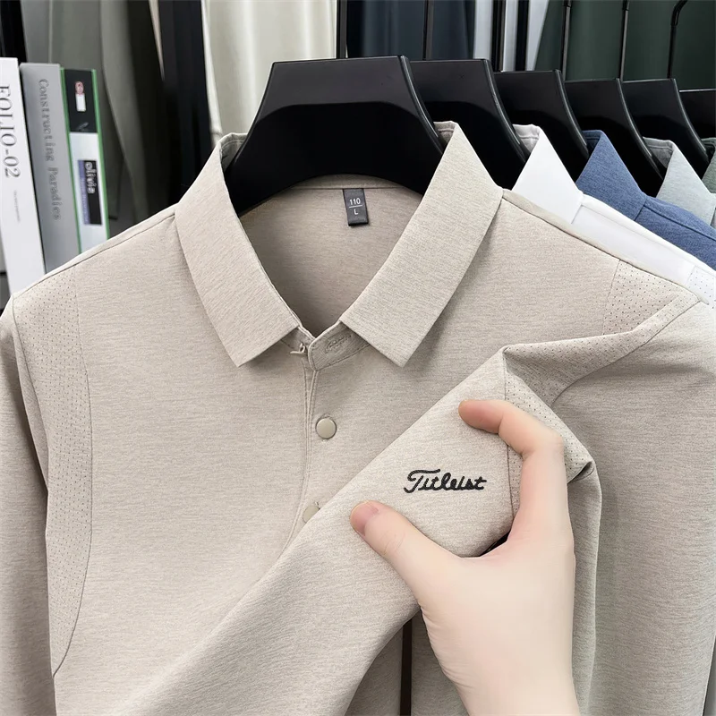Original Herren Langarm-Poloshirt, schnelltrocknend, atmungsaktiv, mit Revers und Knöpfen, exquisiter Buchstabendruck, Herbst-Freizeit-Sportbekleidung für Herren – Detail 15