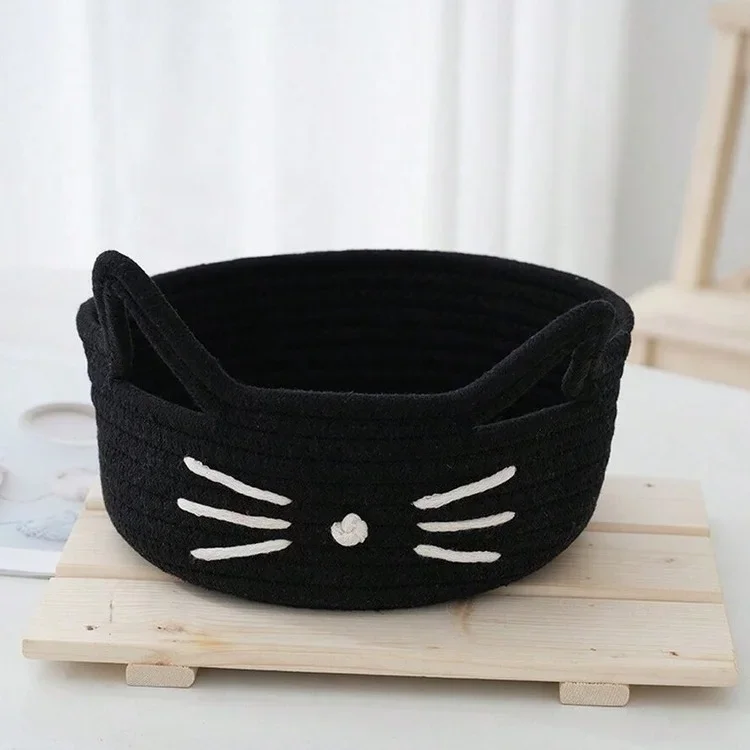 Cartoon Cat Hand Woven Storage Basket With Ears Kids Toys Sundries Laundry Desktop Organizer Box Space-Saving Decorative Bins