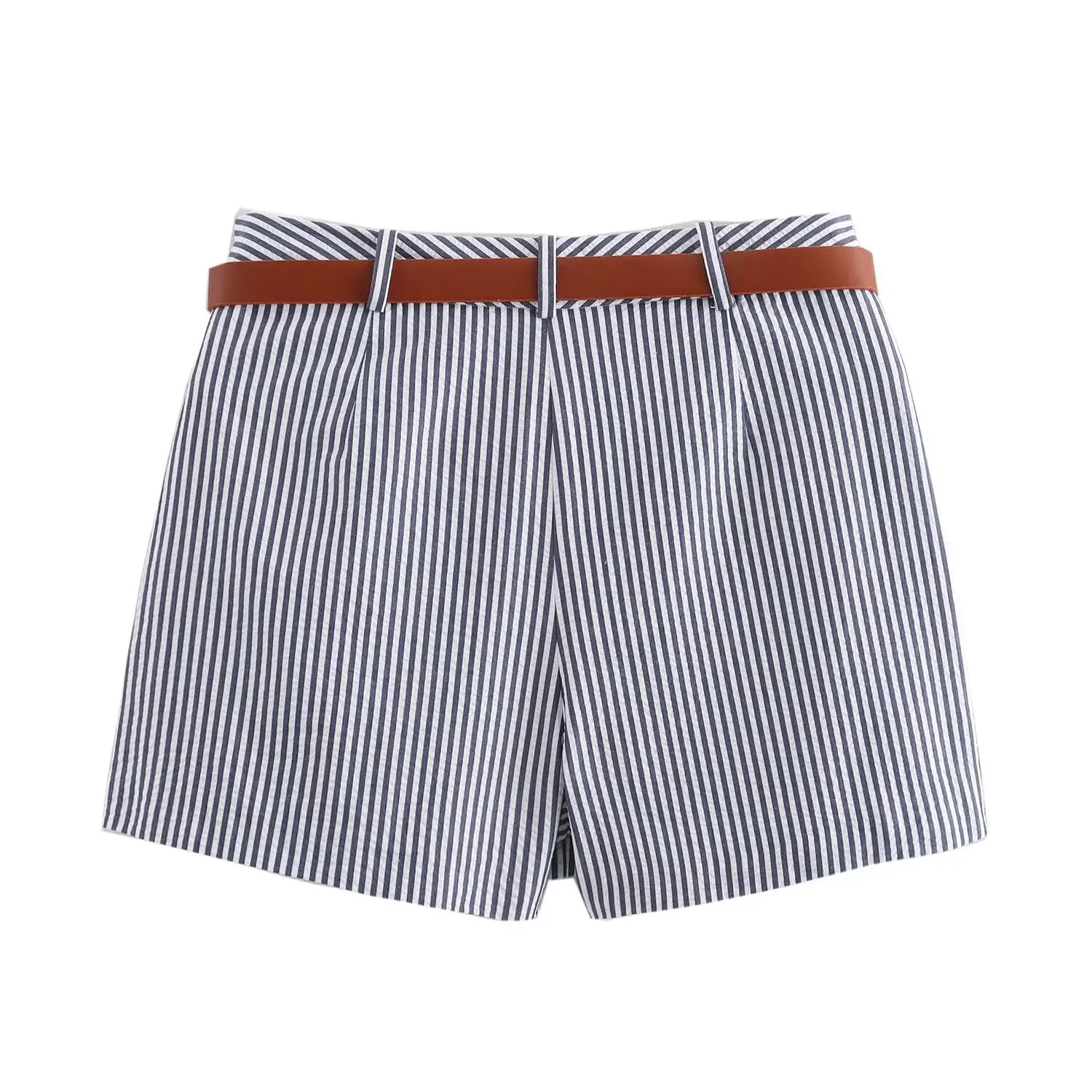 Tangada 2024 Women Striped Print Skirt Shorts With Belt High Waist Female Mini Shorts 6X0386