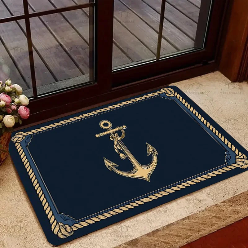 Nautical Anchor Rope Border Door Mat, Navy Blue Vintage Maritime Floor Rug, Non-slip Entrance Carpet, Home Decor