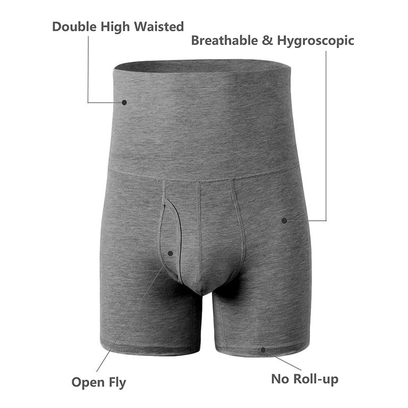 High-Waisted Compression Boxer Briefs for Men - Tummy Control, Open Fly, Breathable Cotton Fabric, Comfortable Fit, Shapewear Un