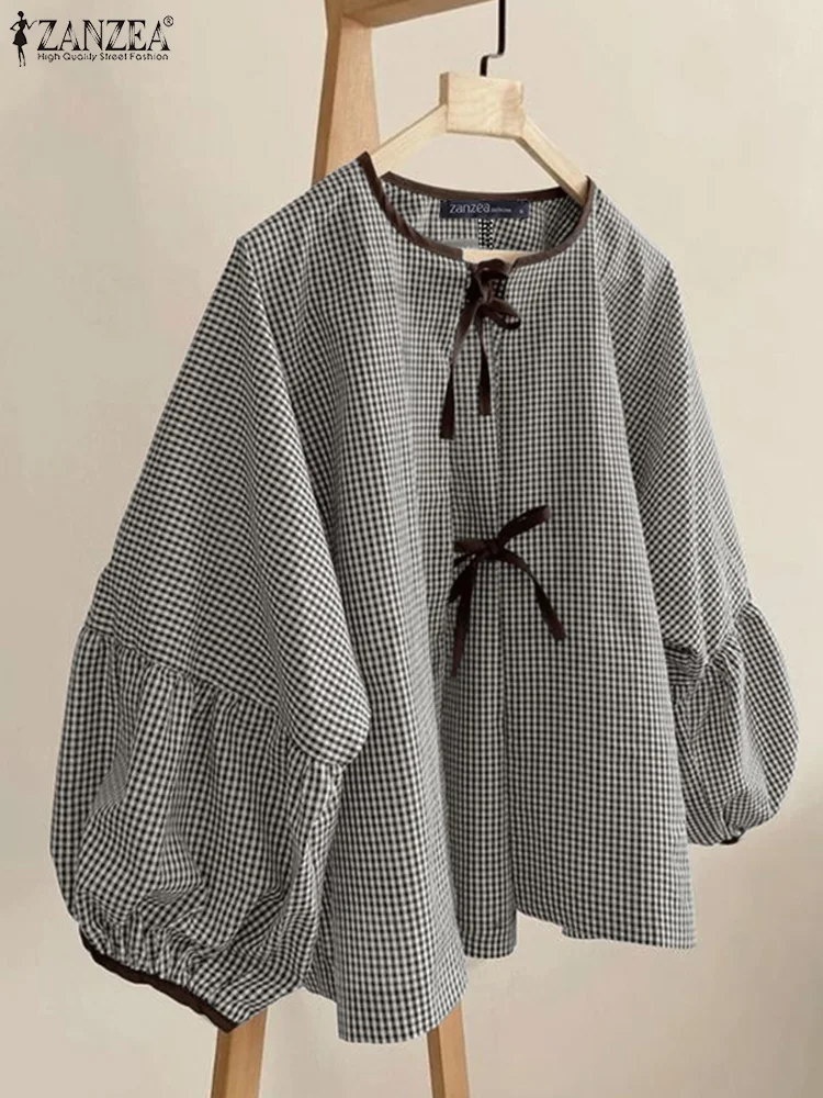 ZANZEA المرأة منقوشة بلوزة مطبوعة أزياء من الدانتل حتى قمصان عطلة سويتي س الرقبة طويلة الأكمام بلايز عادية الخريف 2024 ربطة القوس فيونكة الستر #3