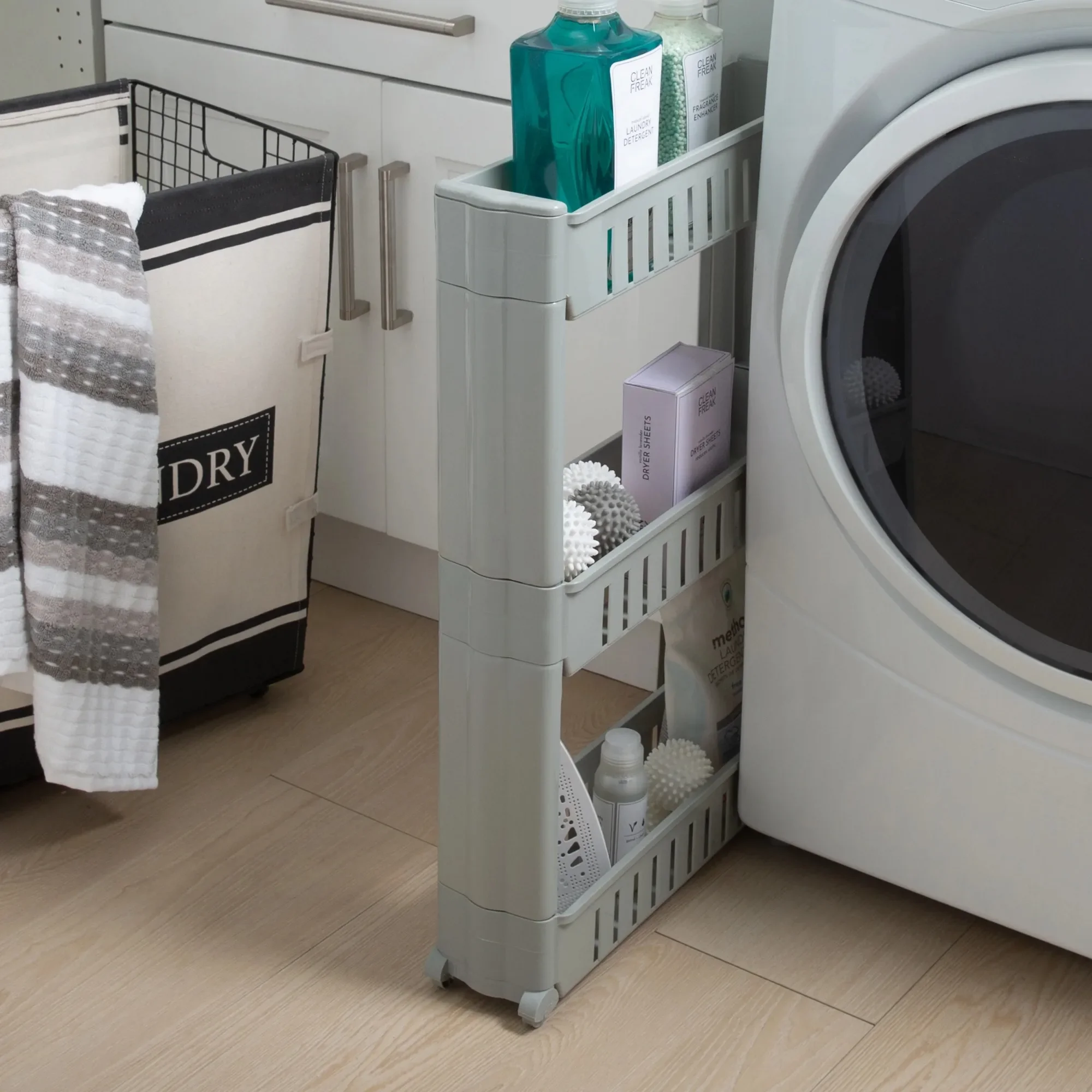 3-Tier Slim Slide-Out Plastic Storage Cart Grey - For Laundry Room & Closet Organization - Space Saving Rolling Cart