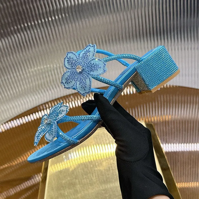 

Slippers Open Toe Rhinestone Flower Decor Sandals Summer Women's Thin Strip Design Thick Heel Dress Shoes Wedding Shoes