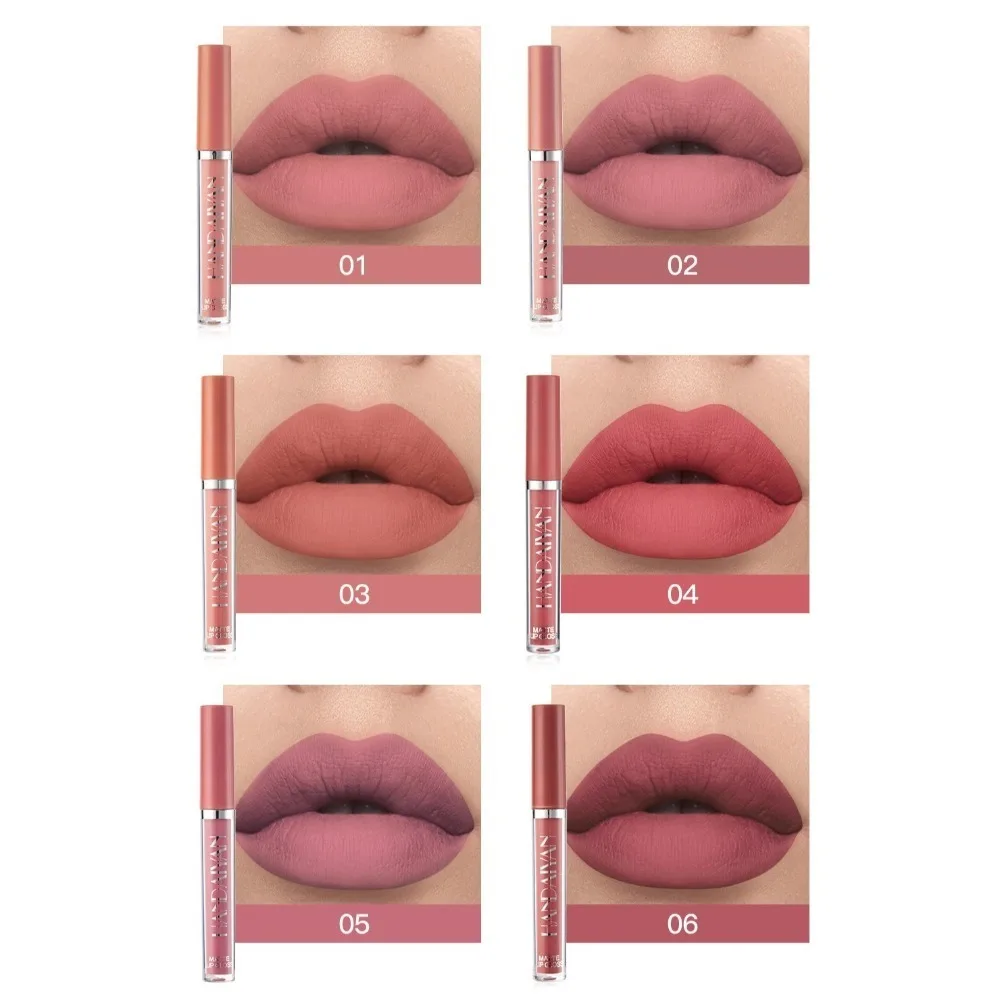 6 teile/satz Heißer Verkauf HANDAIYAN Flüssigen Lippenstift Samt Langlebig Lip Gloss Set Antihaft Tasse Matte Finish Lippenstift