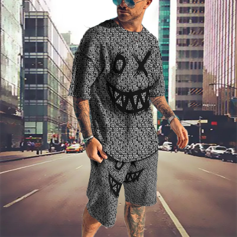 Summer New Smiley 3D Printing Men's Clothing 2 Piece Outfit  Sportswear Short Sleeve Streetwear Casual T-Shirt Set Tracksuit