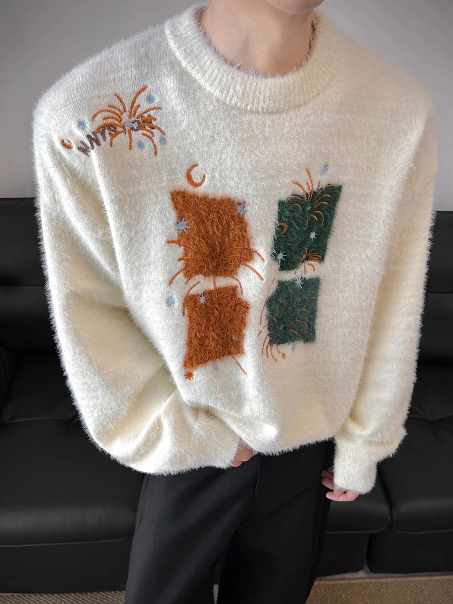 

American High Street Design round Ne Embroidered Knitwear Men's Autumn Winter Warm Lazy Sle Versatile Comfortable Knitted...