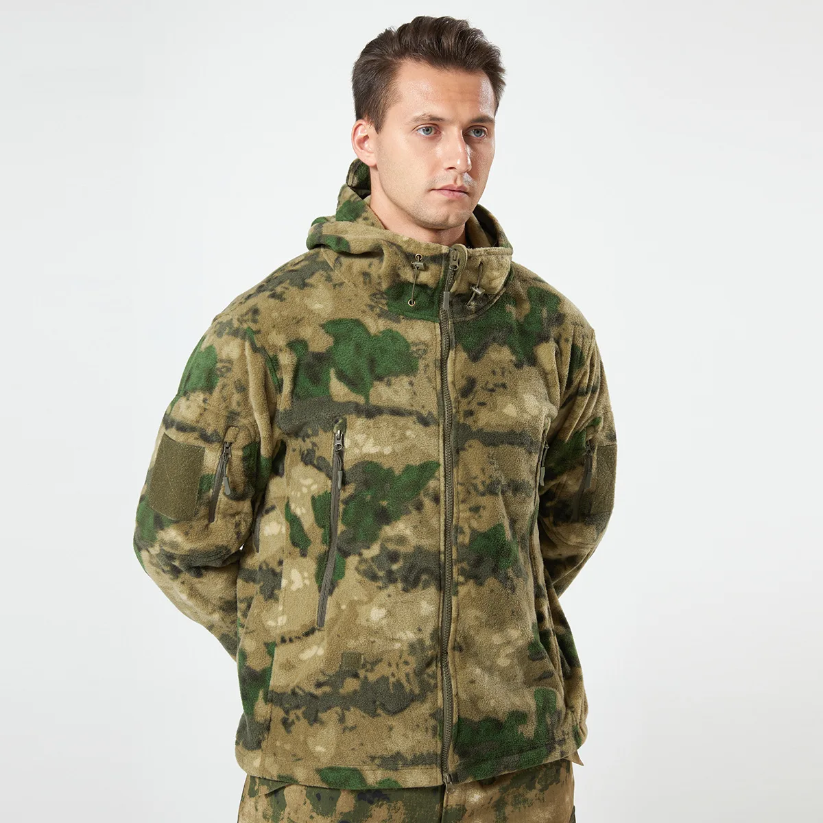 Men's Tactical Fleece Jacket with Hood, Thicken Camouflage Polar Fleece Coat, Windproof Warm Outerwear for Outdoor Training