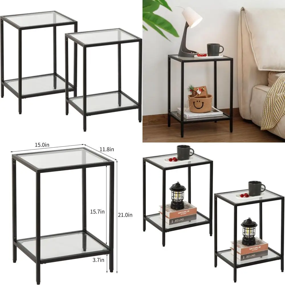 

Современный комплект из 2 журнальных столиков из закаленного стекла - элегантный столик с черными металлическими элементами для небольших помещений, идеально подходит для гостиных