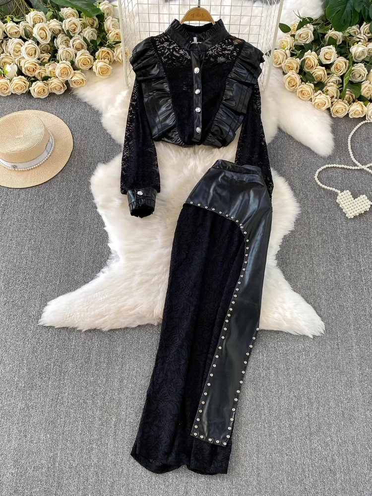 

Fashion Y2k Lace Suit Women's High Quality PU Leather Ruffled Splicing Shirt Retro Rivet Stitching Skirt 2 Piece Set 2025 New