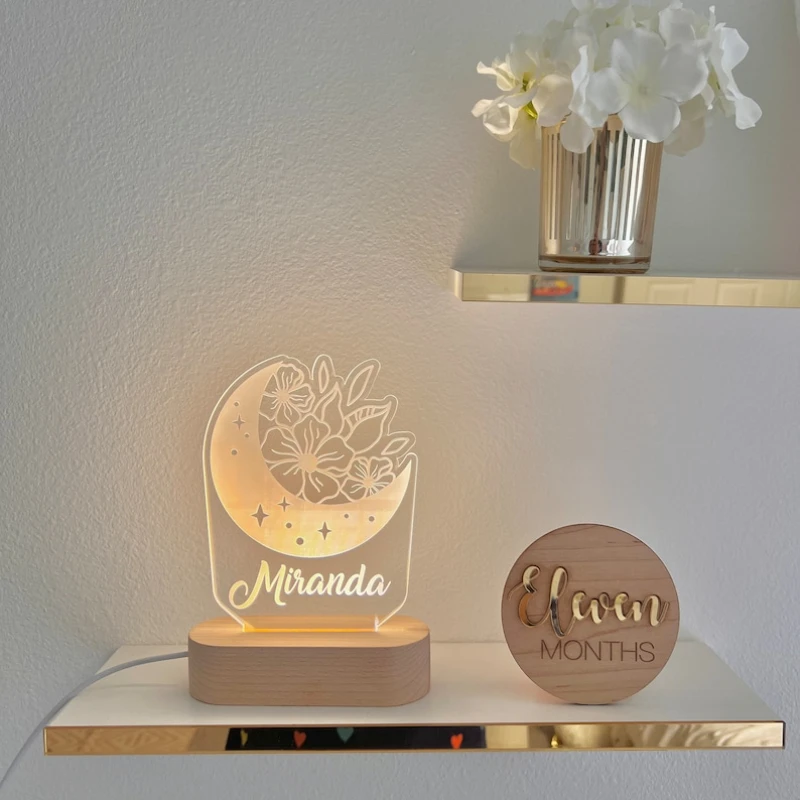 Moon and Flower Custom Name Light Personalized Bedroom LED Cloud Decor Kids Name Nursey Birthday gifts lamp for baby shower