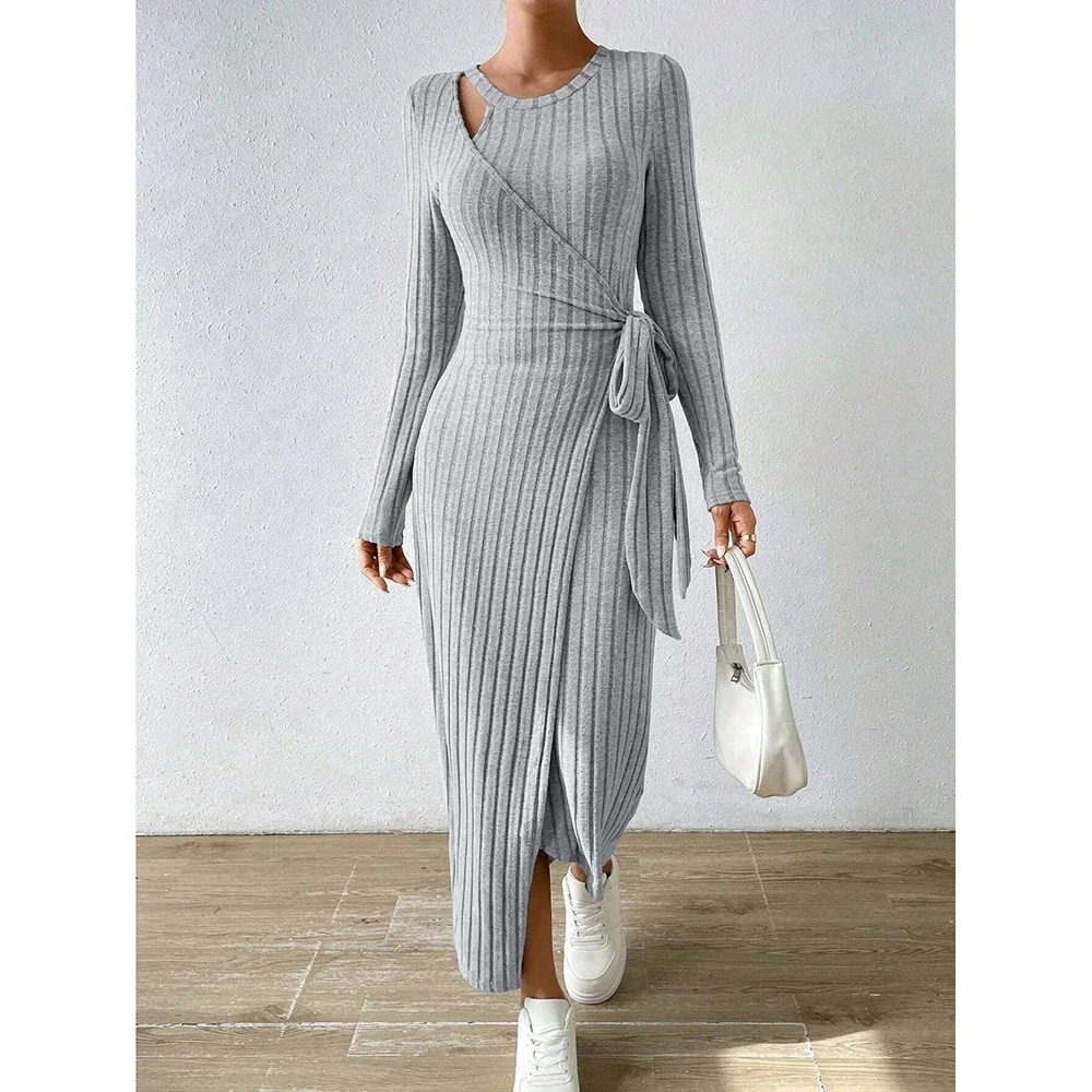 Cpsymym vestidos bodycon femininos nó assimétrico maxi manga comprida slim fit em torno do pescoço sólido vestidos de outono mulher