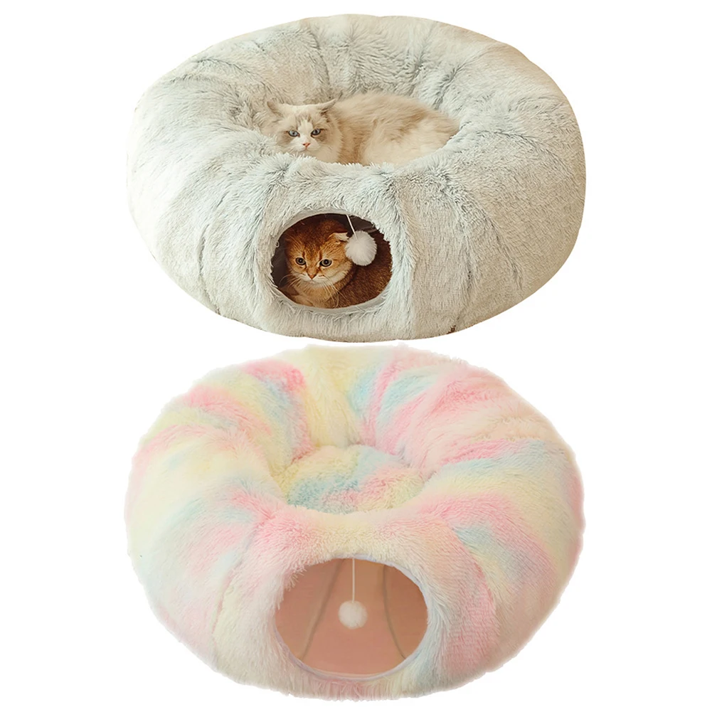 Winter Warm Cat Cave Round Foldable Cat House Soft Cat Tunnel Bed Cat Tube Deep Sleeping Long Plush for Cats and Small Dogs