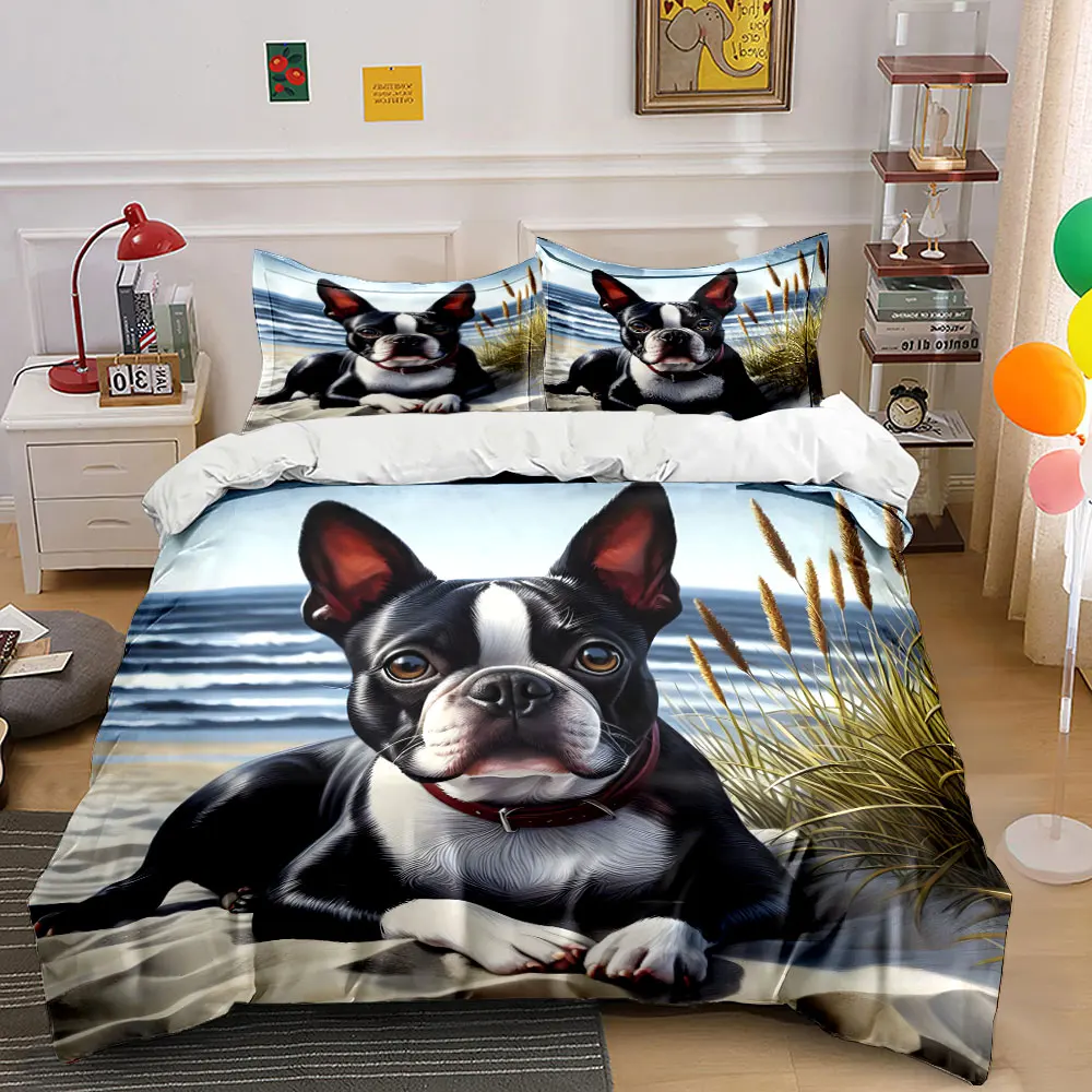 Boston Terrier on the beach Pattern Duvet Cover Set Digital Print Colorful Polyester Bedding with Zipper Closur for kids gifts