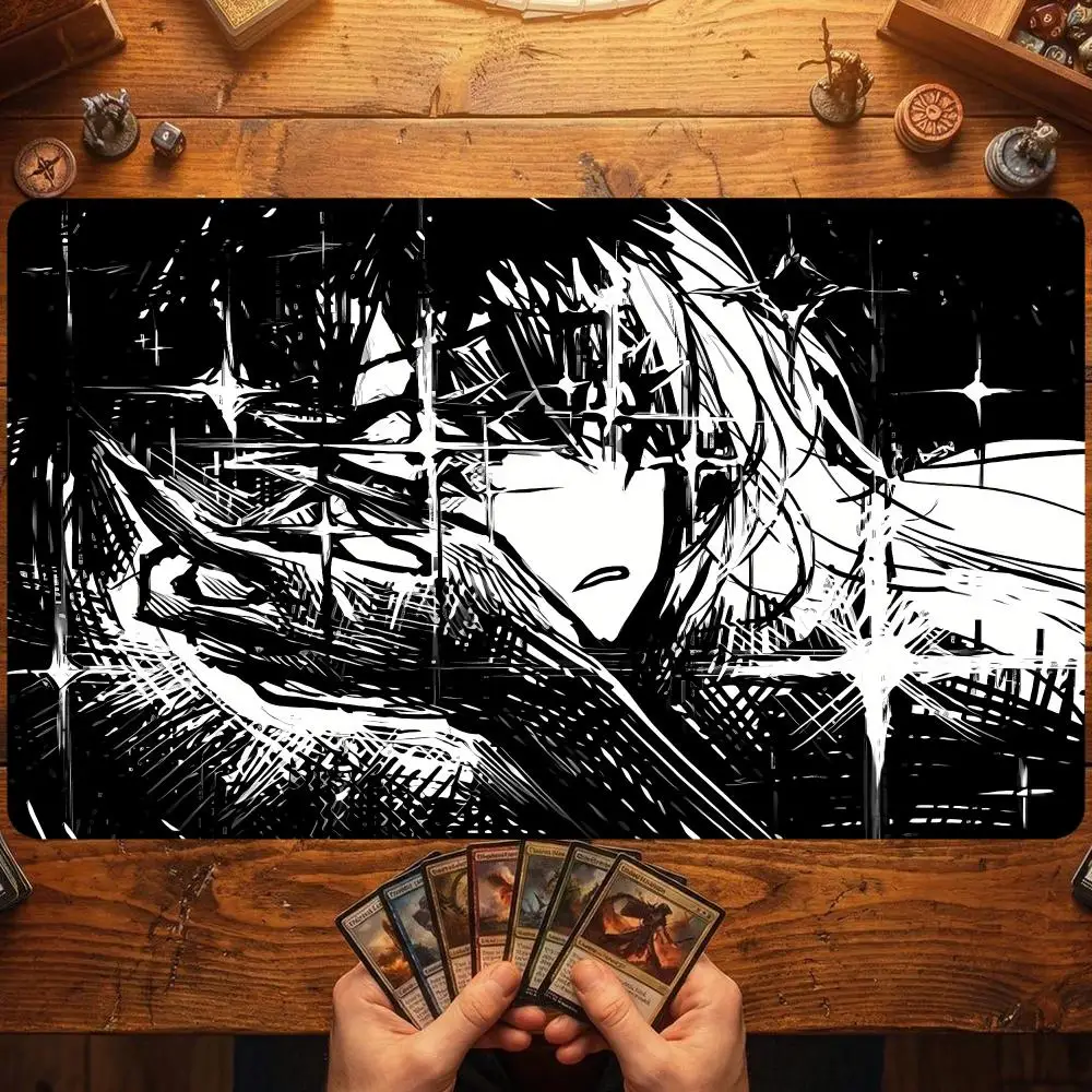 Chaotic Monochrome Anime Warrior Girl Ink Splash Effect For Gaming Laptop Desktop Playmat