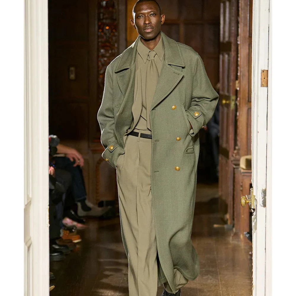 

Classic Olive Green Men Double-Breasted Trench Coat Peak Lapel Oversized Style Office Casual Male Clothing Overcoat