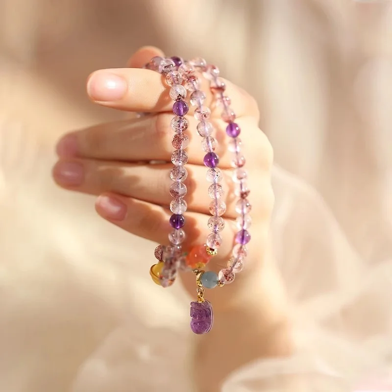 Natural Women Seven Purple Rutilated Quartz -Layer Bracelet Amethyst Pixiu Amber Multi-Gem Beads