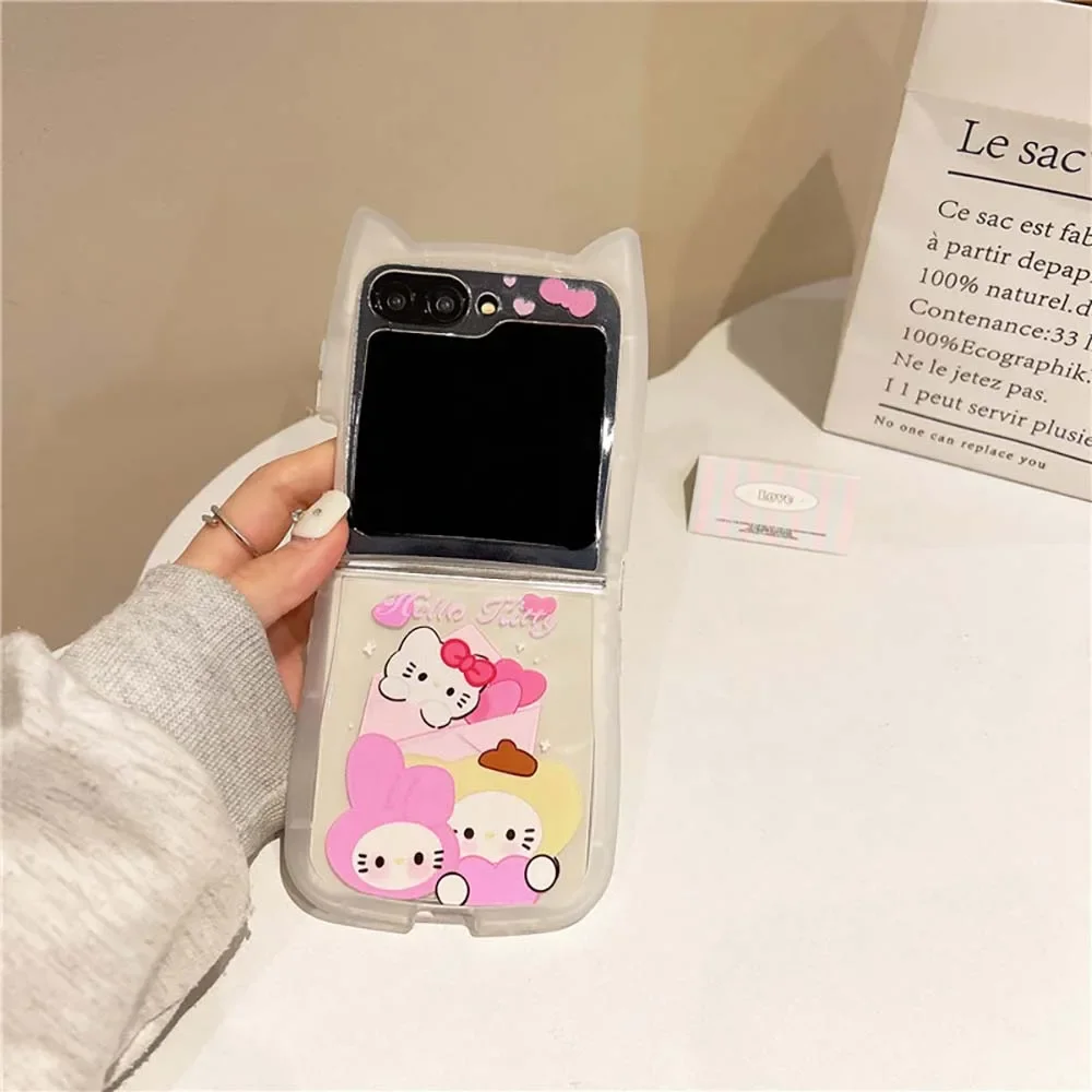 Kawaii Sanrios Hello Kitty My Melody 3D Cat Ear with Lanyard Phone Case for Samsung Galaxy Z Flip 3 4 5 6 5G PC Hard Back Cover image 5
