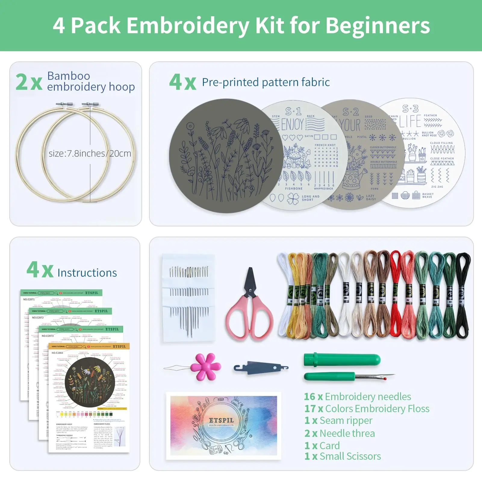 4 Sets Embroidered Kit for Beginners 9.84Inch Cross Stitch Kits with Patterns,Instructions,Hoops,Needles,Threads for Adults Kids