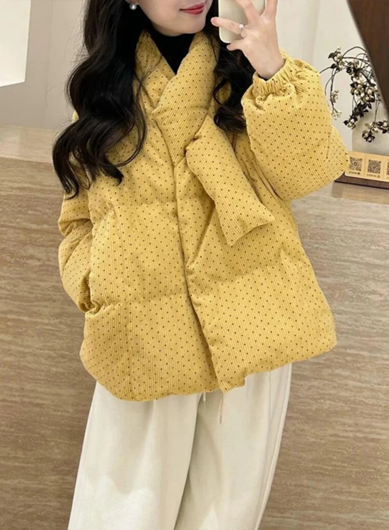 Polka Dot Corduroy Women Padded Jacket Korean Button Down Puffer Coat Long Sleeve Loose Retro Cozy Winter Outerwear Top
