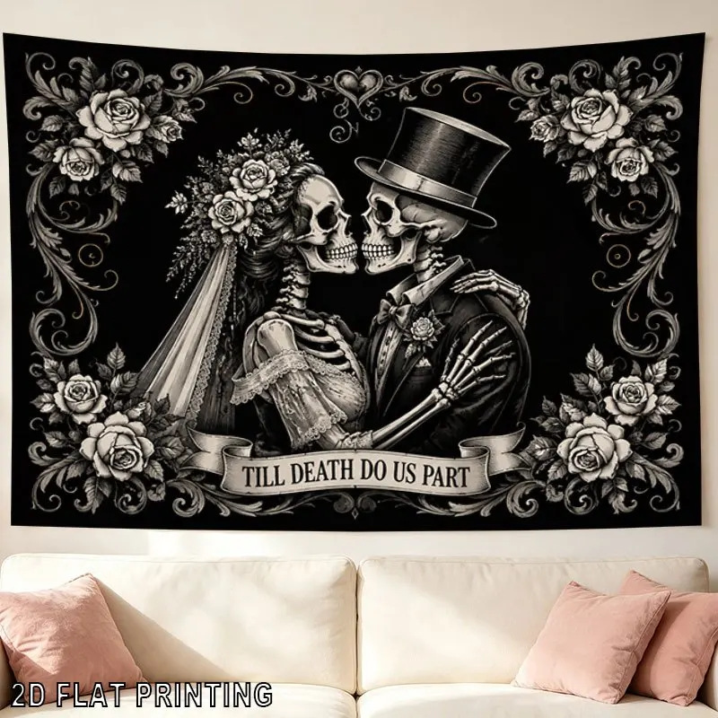 2D Flat Skeleton Wedding Couple Tapestry, Till Death Do Us Part Rose Border Print, Bedroom Living Room Wall Hanging Decor