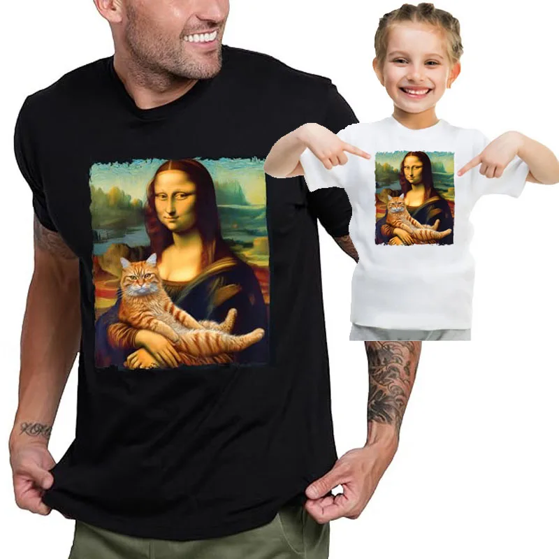

Mona Lisa Kitty T-Shirt Appreciates Art Y2k Cat Lover Graphic Outfit Crew Neck Short Sleeve Blouses Unique Streetwear Clothes