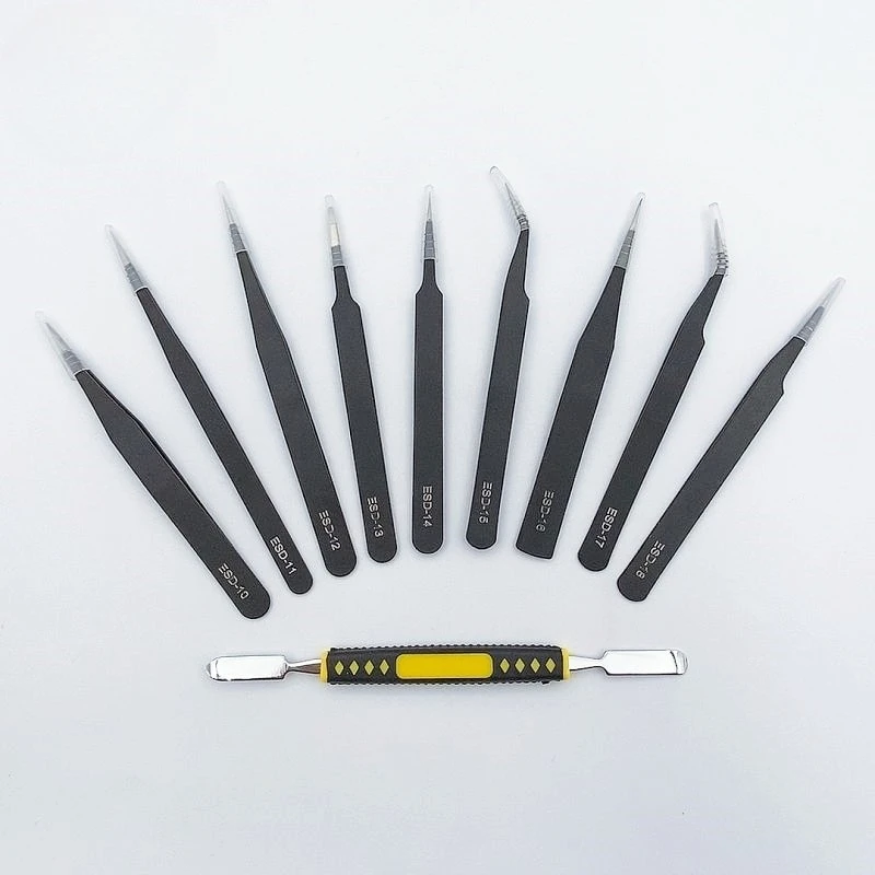 Industrial-Grade ESD Stainless Steel Tweezers Set with Bag, Precision Tools for Micro Soldering & Eyelash Extension Application