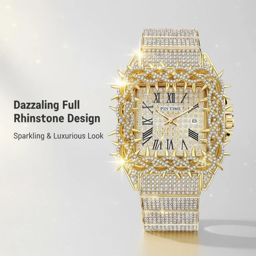 Hip Hop Watches for Men Iced-Out Bling Diamond Luxury Quartz Watches with Date