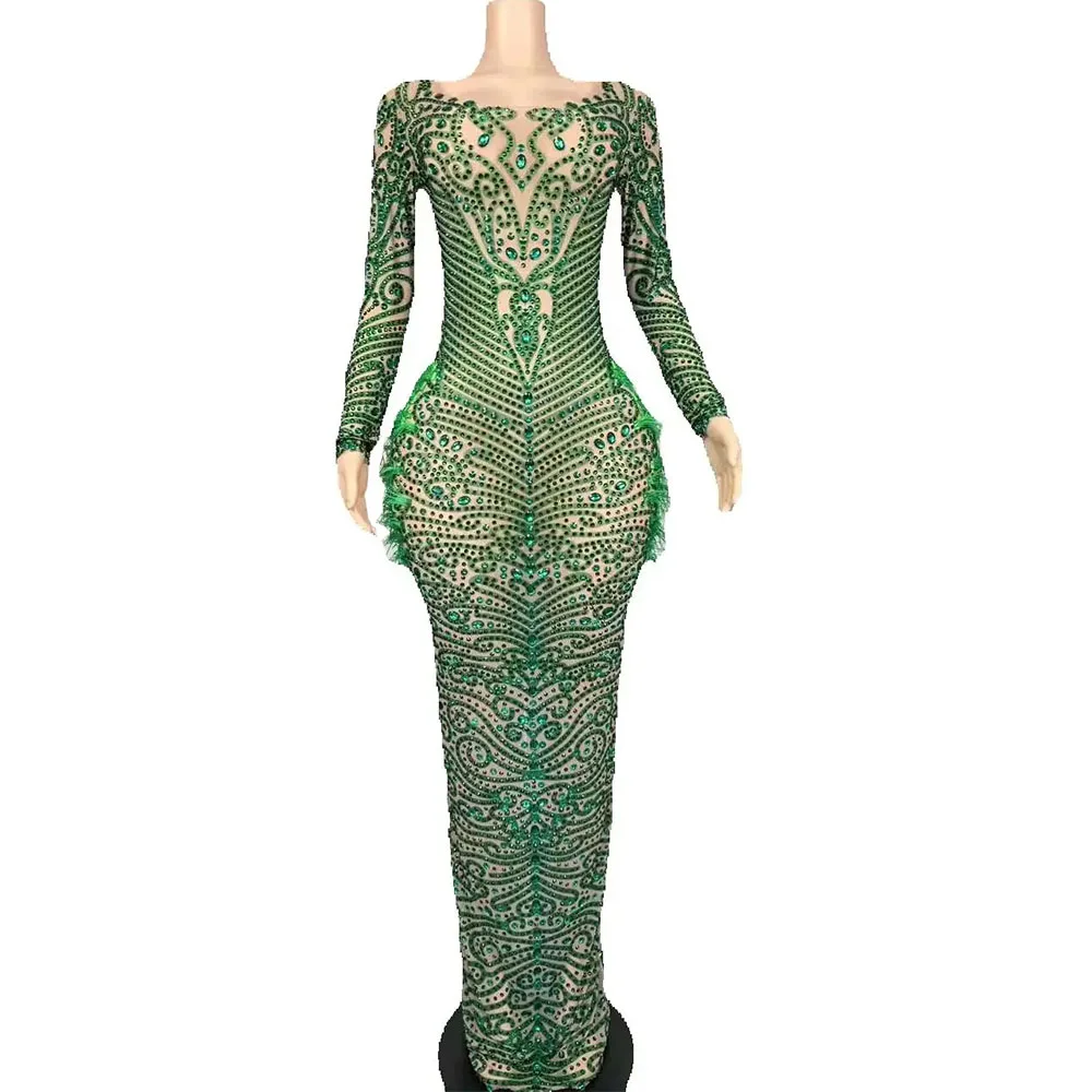 Sexy Elegant Evening Gown Blingbling Green Rhinestones Feather Dress Women Wedding Cocktail Party Photoshoot Stage Wear Costume