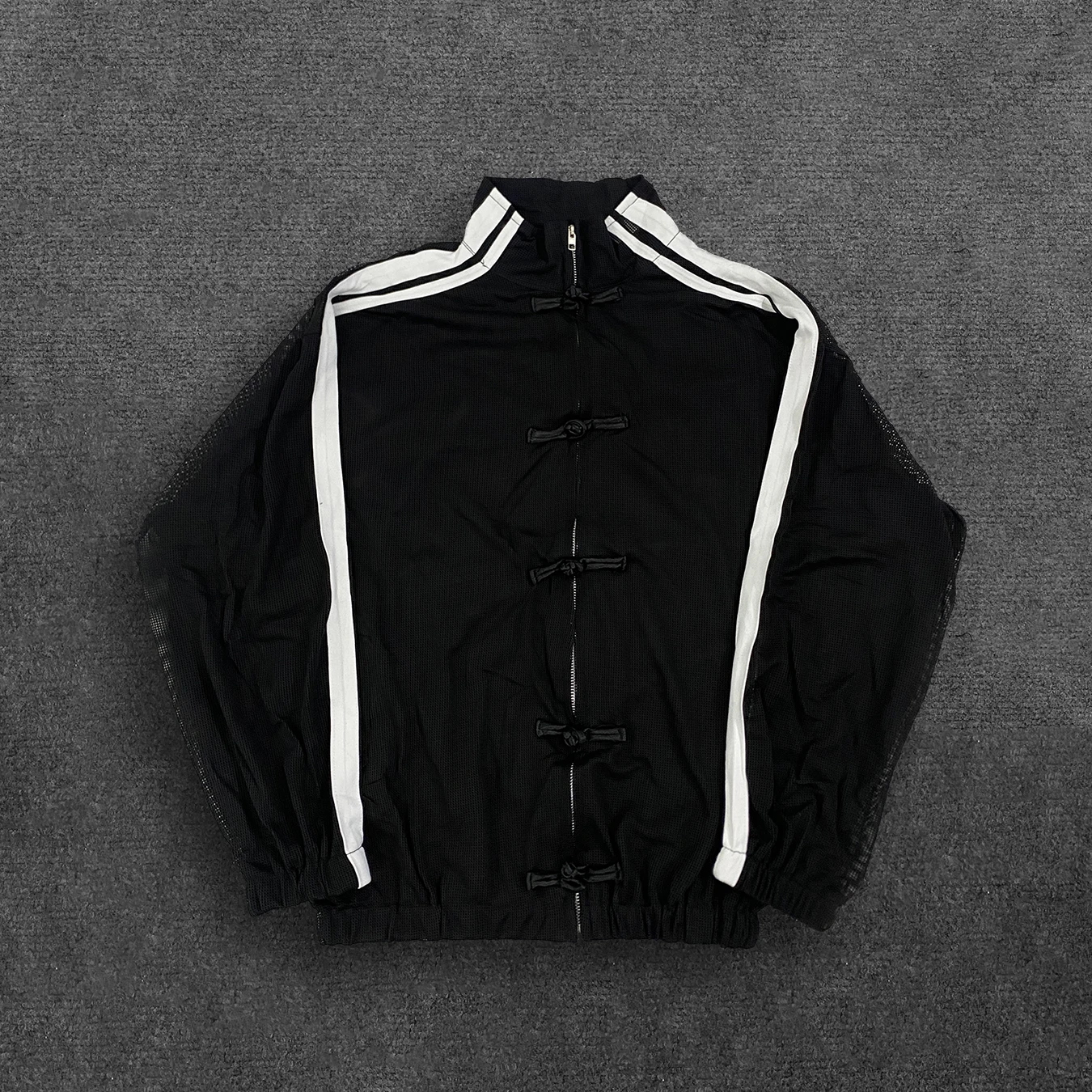 Damenjacke im chinesischen Stil mit Froschknöpfen, durchsichtigem Mesh-Material, Stehkragen, Streifenmuster, langen Ärmeln, transparent, Streetwear-Cardigan – Detail 7