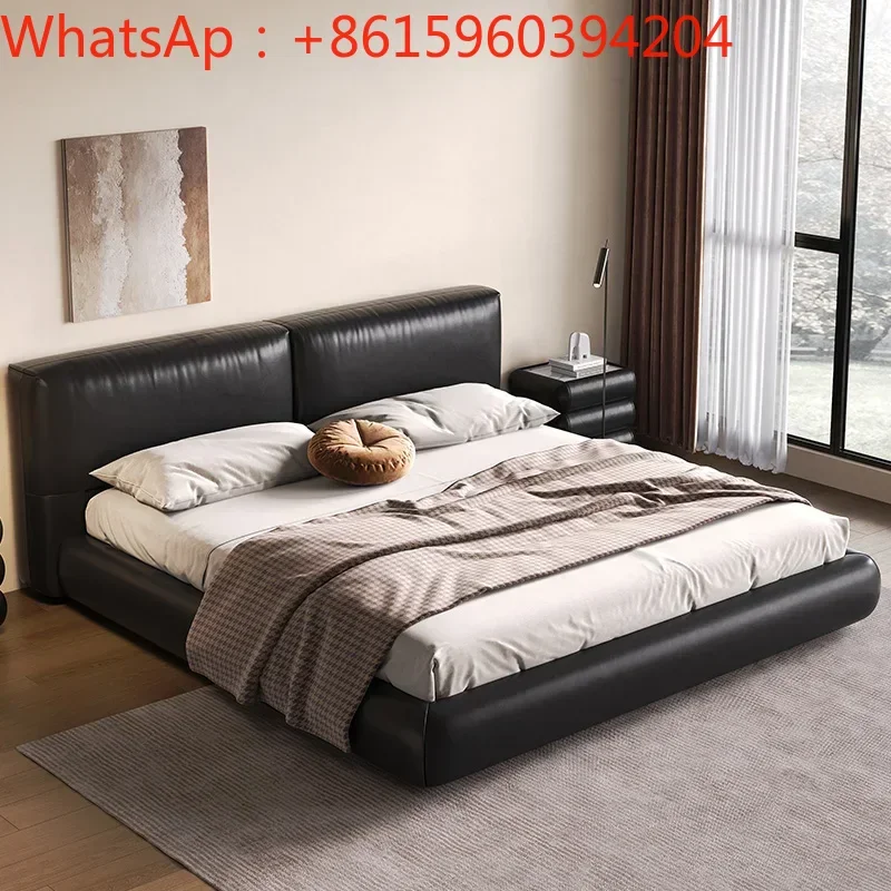 

Tofu block genuine leather bed Italian minimalist large black cow bed Modern minimalist master bedroom double bed Black