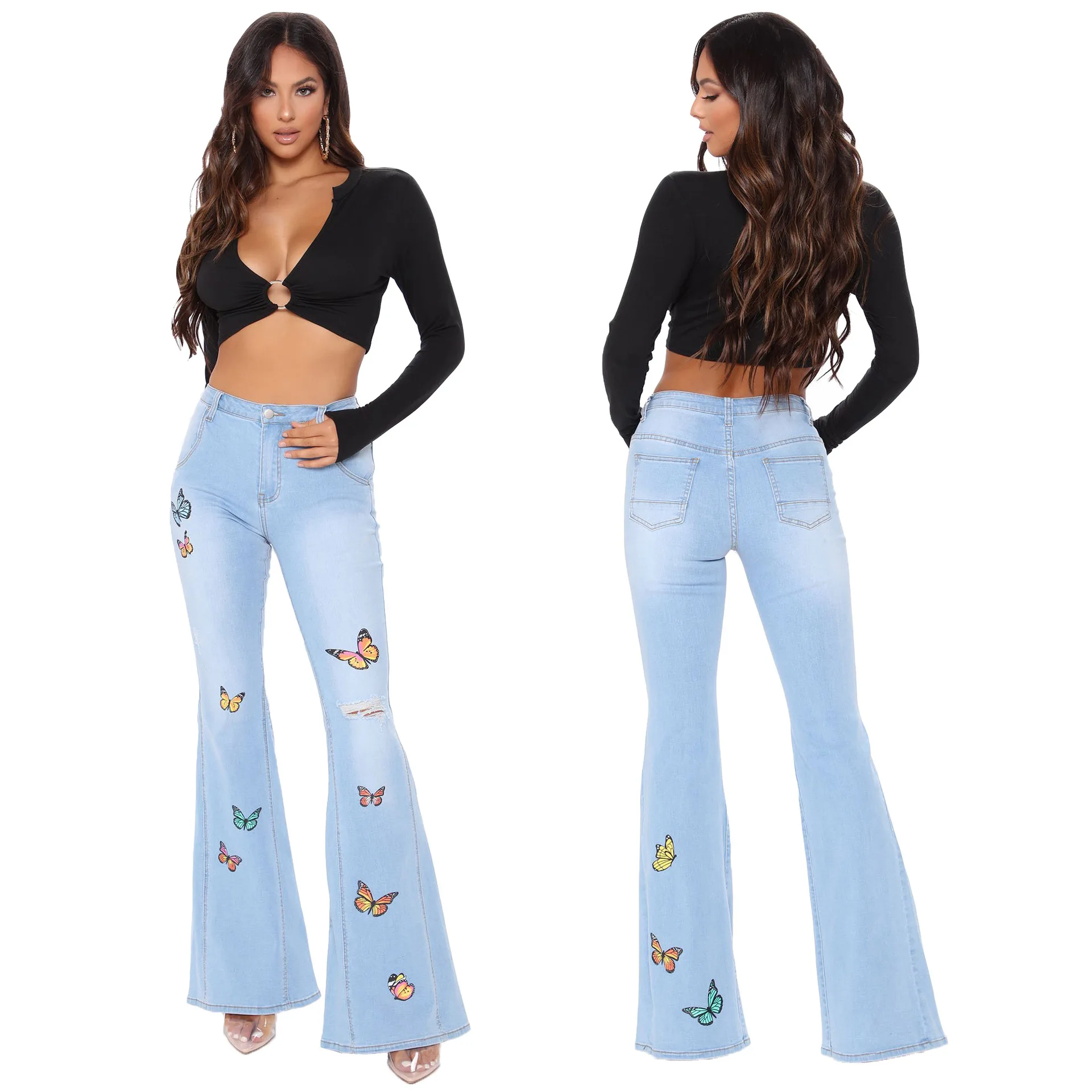 women Denim Pants Spring summer Fashion butterfly Printed stretch Denim flared pants casual High waist ripped Wide Leg Jeans