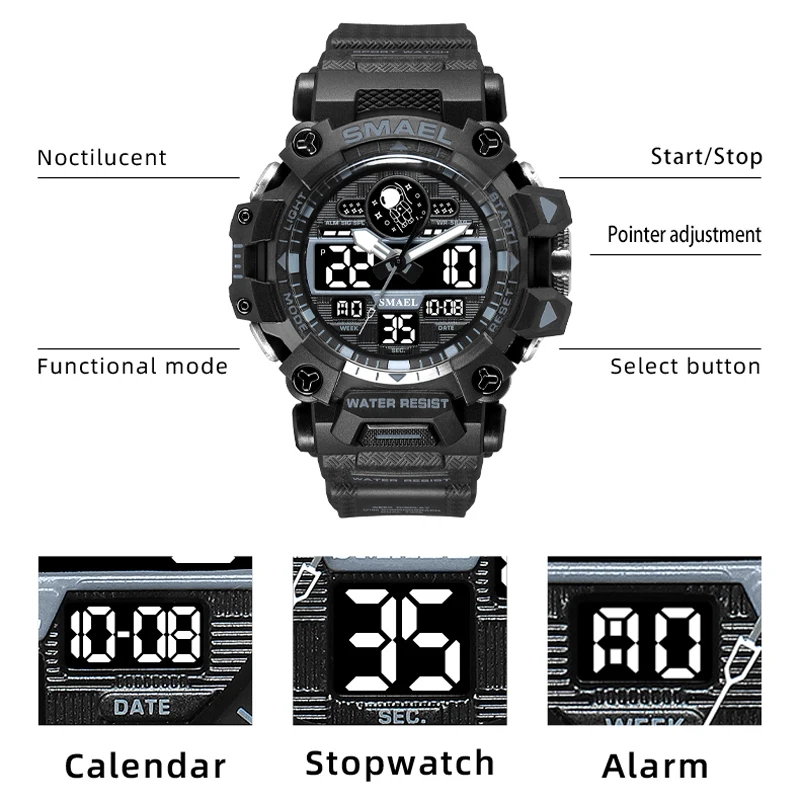 SMAEL New Male Sports Watch Waterproof Dual Time Display Led Digital Clock Military Army 8078 Quartz Electron Wristwatches Men