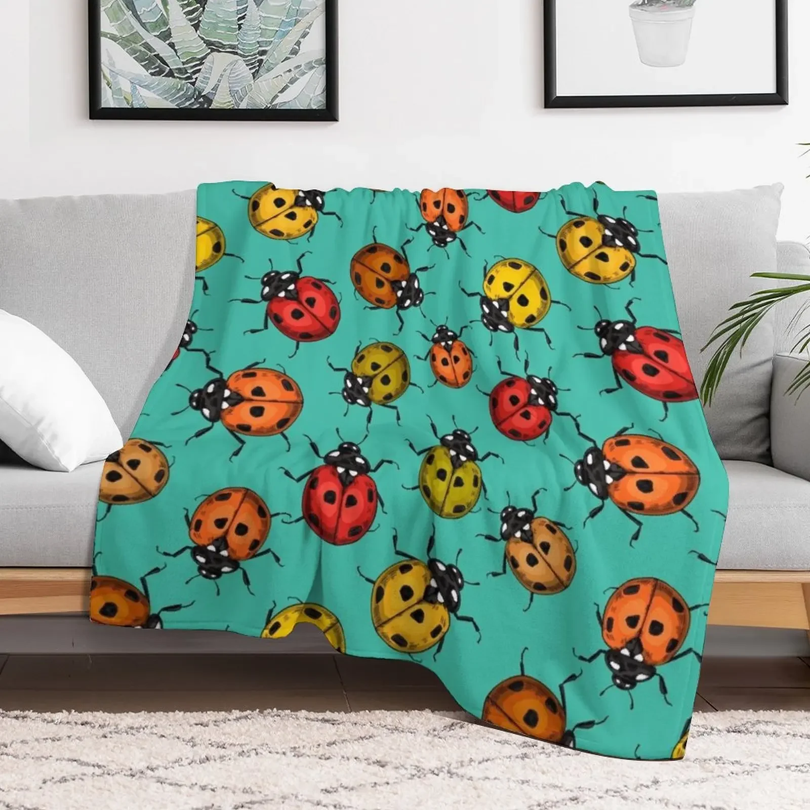 Colorful ladybugs on turquoise Throw Blanket Stuffeds Thins Blankets