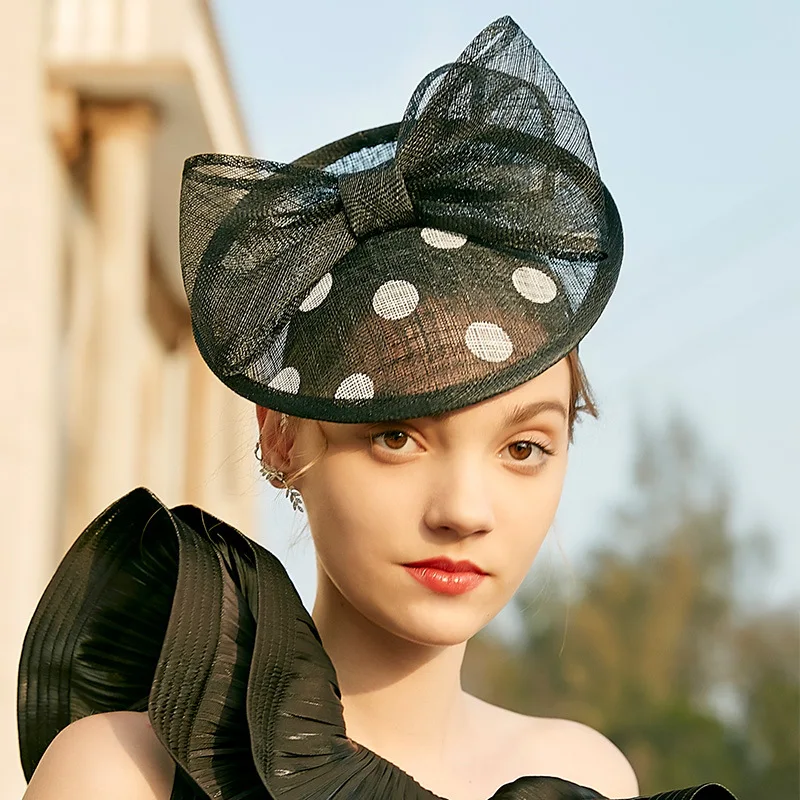 Wedding Kentucky Derby Hats For Women British Luxury Black Headdress Bowknot Lady Sinamay Fascinators Elegant Church Cap Female