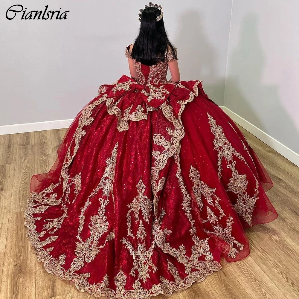 Red Bow Ruffles Ball Gown Quinceanera Dresses Off The Shoulder Sequined Appliques Lace Corset Vestidos De 15 Años