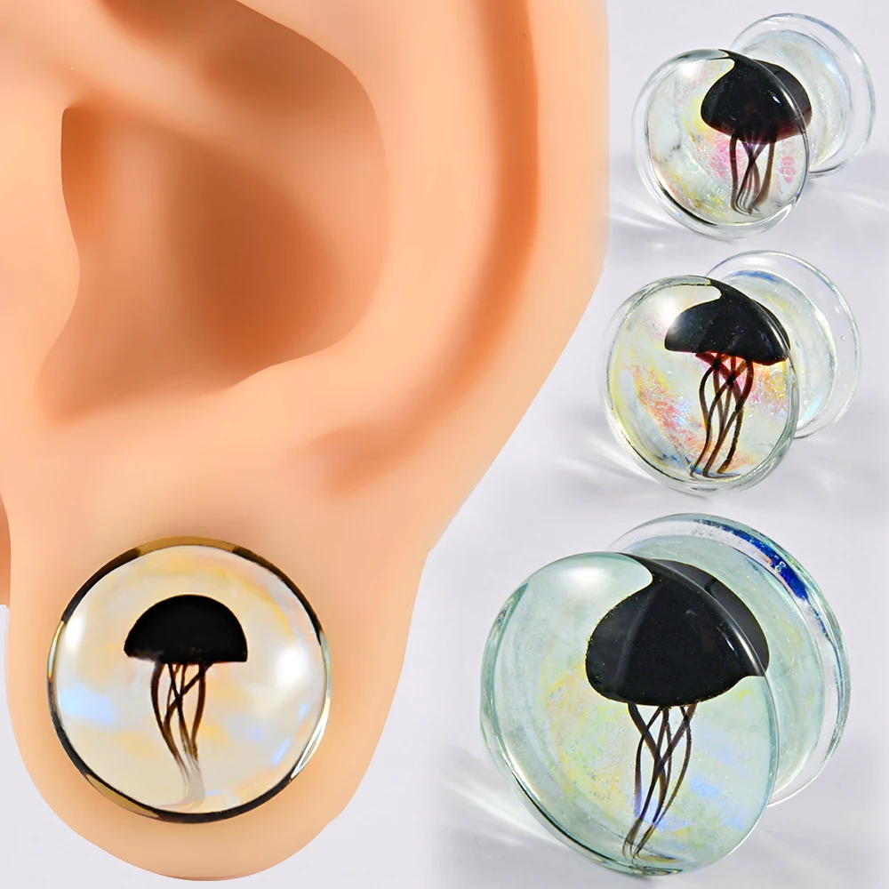 1PC Glass Double Flared Ear Plugs Expanders Black Jellyfish Ear Gauge Earring Gauges Stretchers Piercing Jewelry 8mm-25mm