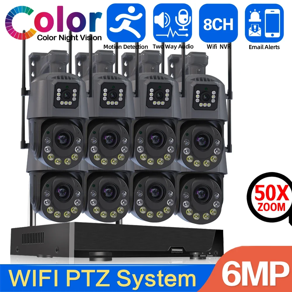 6MP 50X Zoom Wifi CCTV Camera Security System Kit 8CH 5MP Wireless NVR Set with PTZ Camera Two Way Audio for Video Surveillance