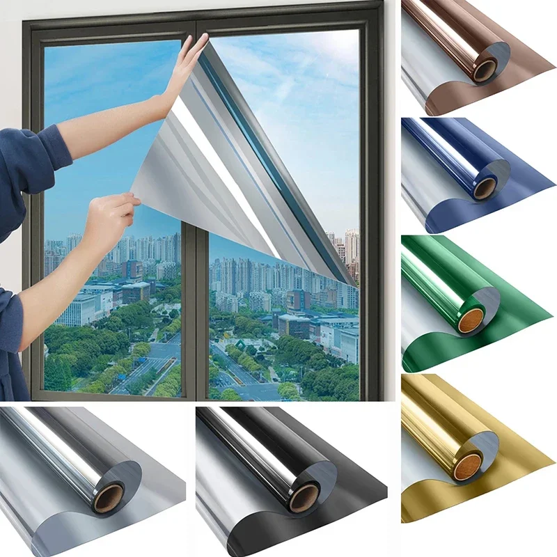 Pegatina de ventana de vidrio autoadhesiva, película de pantalla solar Anti-UV, aislamiento térmico, espejo unidireccional de verano, privacidad