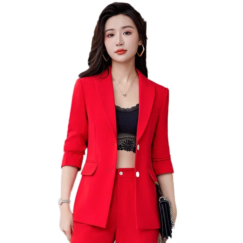 Conjunto Formal de 3 piezas para mujer, chaqueta de manga larga con chaleco y pantalón, color rojo, azul y negro, para oficina, 2024