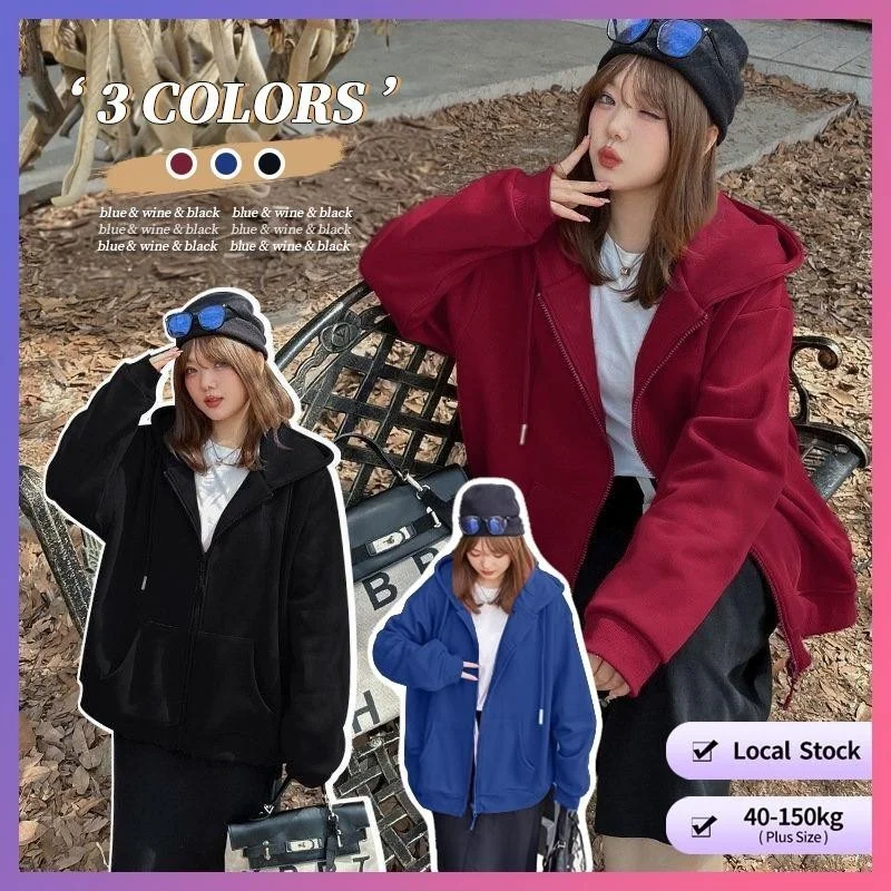 

【Oversize Hoodie】(40-150kg) Autumn women thin outer wear plus size cotton long sleeves cardigan zipper coat