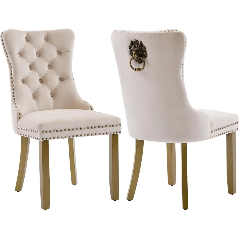 

A Set of Two Velvet Dining Chairs, Modern Plush Dining Chairs with Lion Head Pull Rings and Gold Soft Cushions
