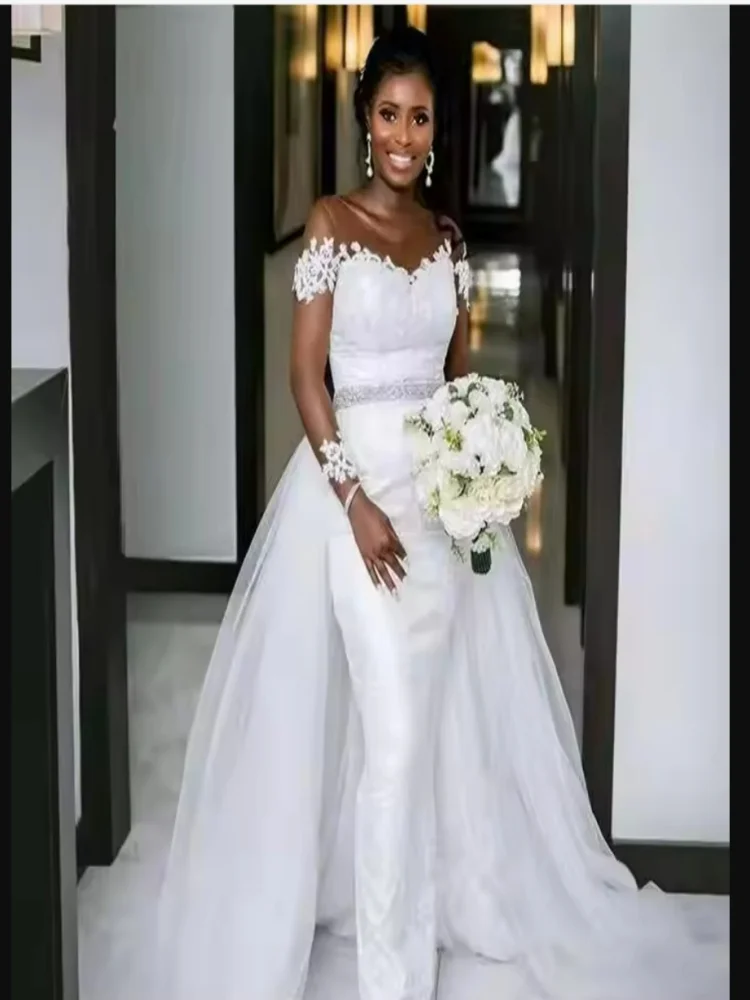 Customized Scoop Neck Lace Appliques Wedding Dress with Detachable Train  Robe De Mariée African Long Sleeve Bridal Gown