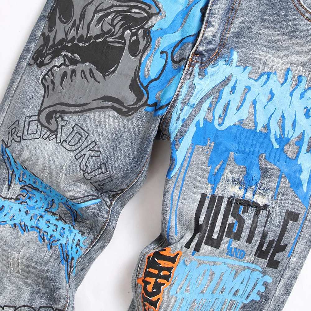 Men Graffiti Print Denim Jeans Streetwear Skull Letters Painted Stretch Pants Holes Ripped Distressed Slim Tapered Trousers