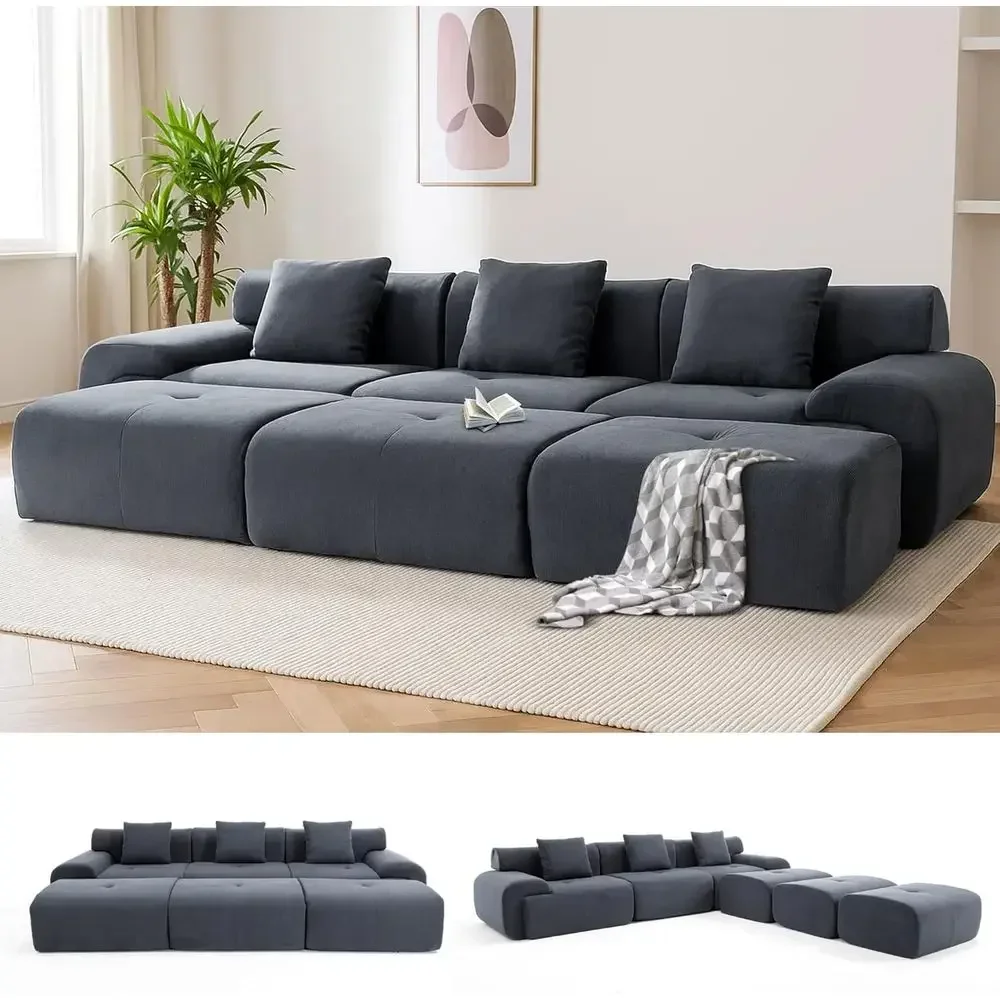 12 Sectional Sofa in L-Shape, Corduroy Upholstered with Deep Seat and Movable Ottoman, Ready to Use, Suitable for Living Room, B