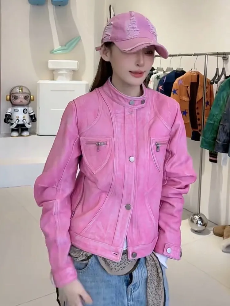 Office Ladies High Quality Stand Collar Real Leather Jackets Retro Pink Cowhide Short Jacket Fashion Single Breasted Outerwear
