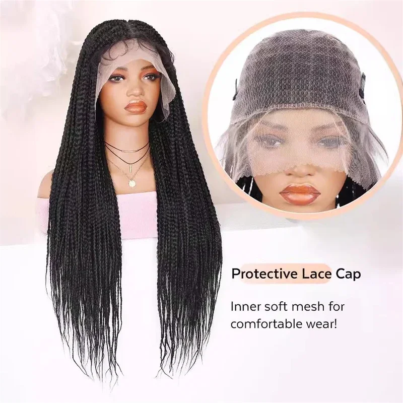 Parrucca intrecciata in pizzo pieno da 36 pollici parrucca lunga sintetica per le donne parrucca Glueless intrecciata con tre Cornrow neri naturali